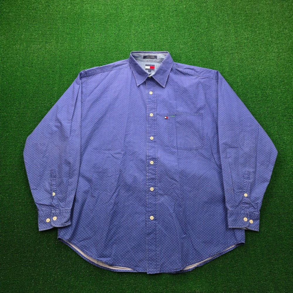 Vintage Tommy Jeans Shirt Mens Large Blue Polka Dot 90s Button Up Long Sleeve